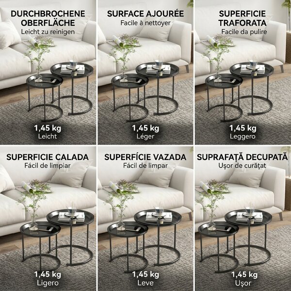 HOMCOM Set 2 Măsuțe de Cafea Suprapozabile, Măsuțe Joase Rotunde cu Tavă Detașabilă din Oțel, Ø 43x38 cm, Negru | Aosom Romania