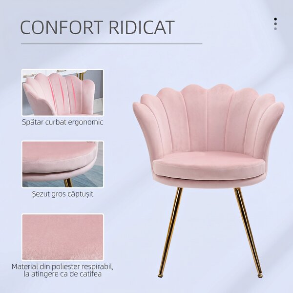 HOMCOM Scaun Imbottit Tip Scoică din Catifea, Scaunel Vintage cu Picioare Aurite, Scaun de Machiaj pentru Cameră și Sufragerie, Roz | Aosom Romania