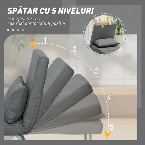 HOMCOM Fotoliu Pat 3 în 1 cu Spătar Reclinabil pe 5 Nivele, din Țesătură Efect de In, 73x78x81 cm, Gri Închis | Aosom Romania
