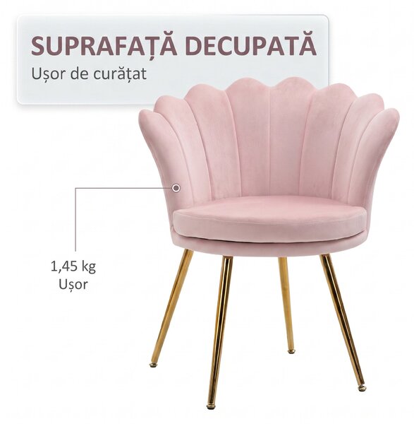 HOMCOM Scaun Imbottit Tip Scoică din Catifea, Scaunel Vintage cu Picioare Aurite, Scaun de Machiaj pentru Cameră și Sufragerie, Roz | Aosom Romania