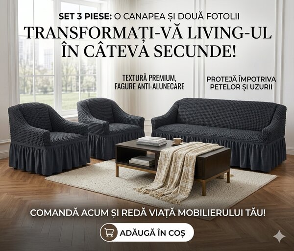 Set Huse Elastice, Canapea 3 Locuri + 2 Fotolii, Creponate