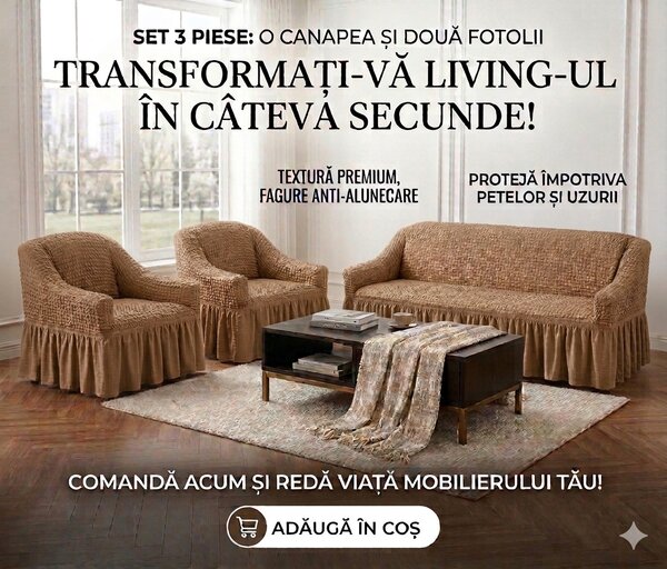Set Huse Elastice, Canapea 3 Locuri + 2 Fotolii, Creponate, Cafea cu lapte