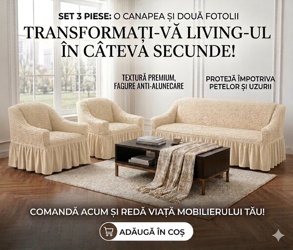 Set Huse Elastice, Canapea 3 Locuri + 2 Fotolii, Creponate, Crem