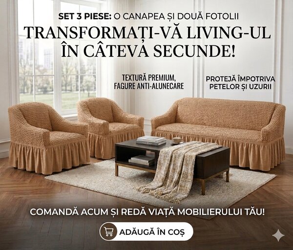 Set Huse Elastice, Canapea 3 Locuri + 2 Fotolii, Creponate, Bej