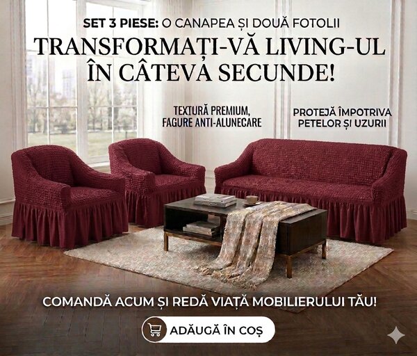 Set Huse Elastice, Canapea 3 Locuri + 2 Fotolii, Creponate, Bordo
