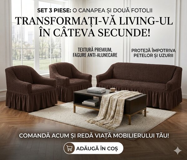 Set Huse Elastice, Canapea 3 Locuri + 2 Fotolii, Creponate, Maro