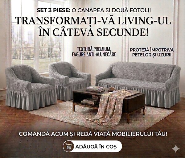 Set Huse Elastice, Canapea 3 Locuri + 2 Fotolii, Creponate, Gri deschis