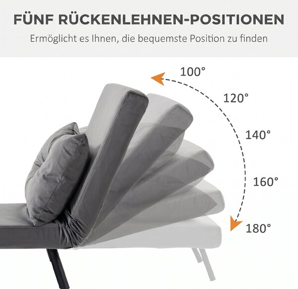 HOMCOM Canapea Extensibilă cu Spătar Reglabil pe 5 Nivele, Canapea Pat Individuală Pliabilă cu Perne, 63x73x81 cm, Gri | Aosom Romania