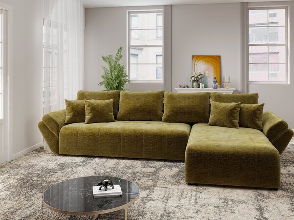 Colțar extensibil dumonde cu ladă de depozitare si sezut confortabil din spuma high-density, Berlin XL Monolith Verde Olive 38 II 350x185 cm