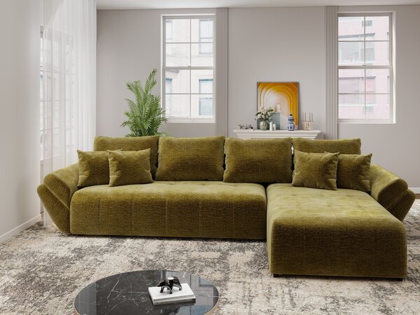 Colțar extensibil dumonde cu ladă de depozitare si sezut confortabil din spuma high-density, Berlin XL Monolith Verde Olive 38 II 350x185 cm