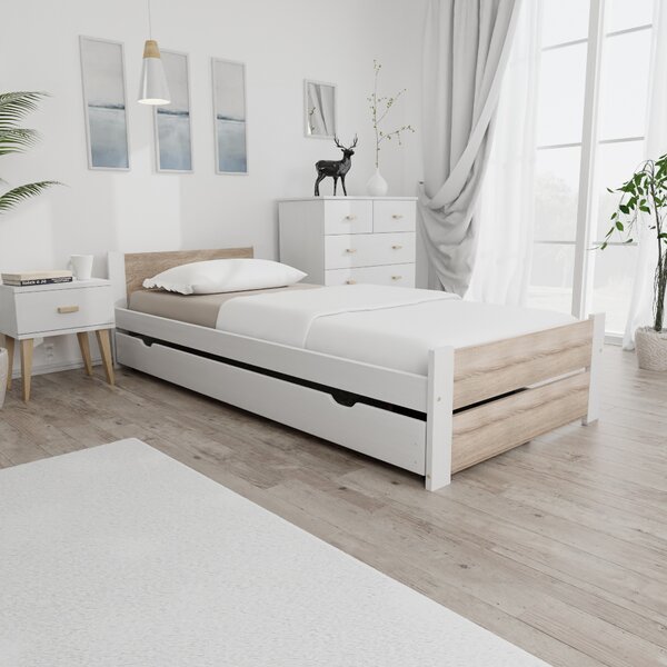 Pat de o persoana stejar sonoma/alb, IKAROS DOUBLE 90 x 200 cm Saltele: Fara saltea, Somiera pat: Cu lamele drepte