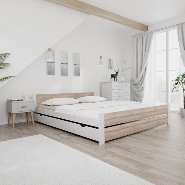 Pat dublu Culoare alb/stejar sonoma, IKAROS DOUBLE 180 x 200 cm Saltele: Fara saltea, Somiera pat: Cu lamele drepte