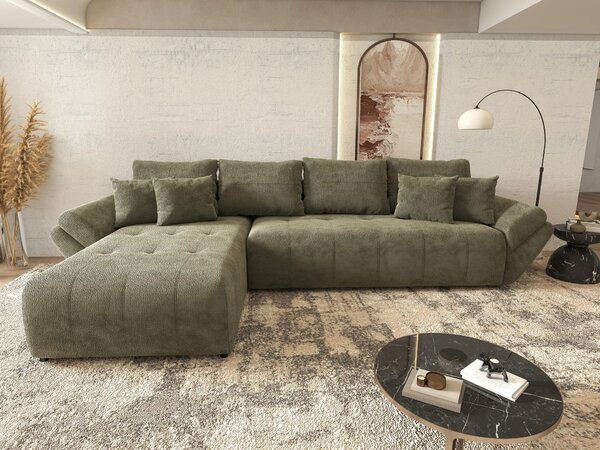 Colțar extensibil dumonde cu ladă de depozitare si sezut confortabil din spuma high-density, Berlin XL Vibe Olive 350x185 cm