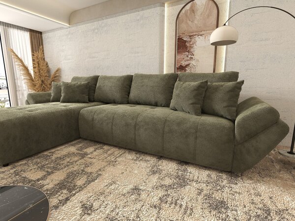 Colțar extensibil dumonde cu ladă de depozitare si sezut confortabil din spuma high-density, Berlin XL Vibe Olive 350x185 cm