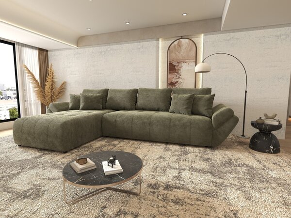 Colțar extensibil dumonde cu ladă de depozitare si sezut confortabil din spuma high-density, Berlin XL Vibe Olive 350x185 cm
