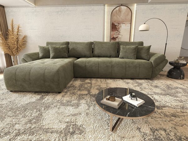 Colțar extensibil dumonde cu ladă de depozitare si sezut confortabil din spuma high-density, Berlin XL Vibe Olive 350x185 cm
