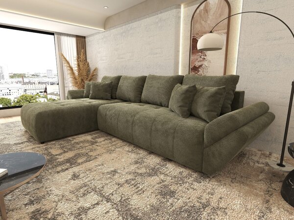 Colțar extensibil dumonde cu ladă de depozitare si sezut confortabil din spuma high-density, Berlin XL Vibe Olive 350x185 cm