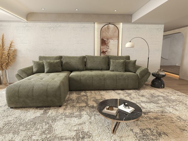 Colțar extensibil dumonde cu ladă de depozitare si sezut confortabil din spuma high-density, Berlin XL Vibe Olive 350x185 cm