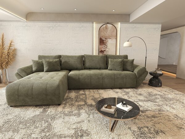 Colțar extensibil dumonde cu ladă de depozitare si sezut confortabil din spuma high-density, Berlin XL Vibe Olive 350x185 cm