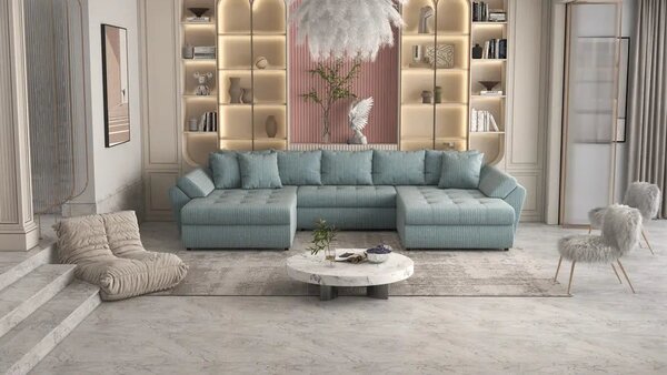 Colțar extensibil dumonde cu ladă de depozitare Loana U Ambience Mint 375x185 cm