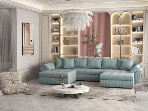 Colțar extensibil dumonde cu ladă de depozitare Loana U Ambience Mint 375x185 cm