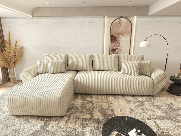 Colțar extensibil dumonde cu ladă de depozitare si sezut confortabil din spuma high-density, Berlin XL Tilia Bej 08 350x185 cm