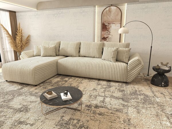 Colțar extensibil dumonde cu ladă de depozitare si sezut confortabil din spuma high-density, Berlin XL Tilia Bej 08 350x185 cm