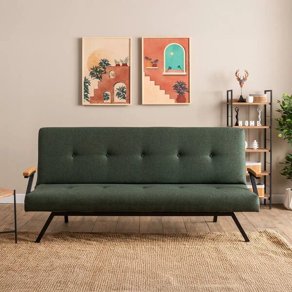 Canapea extensibilă 2 locuri modernă, 180x100 cm – stofă verde & metal negru – Newyork