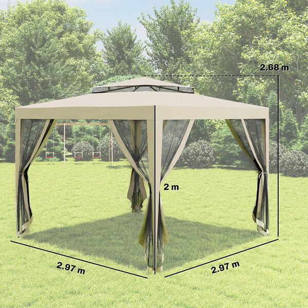 Outsunny Foisor de Gradina cu Plasa de Tantari, Foisor 3x3 m cu Acoperis Dublu si Cadru din Metal, Bej