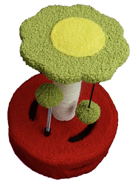Ansamblu de joaca Pufo Flower pentru pisici, cu stalp pentru zgariat si minge, 33 cm, rosu/verde