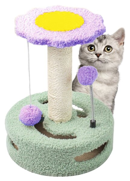Ansamblu de joaca Pufo Flower pentru pisici, cu stalp pentru zgariat si minge, 33 cm, verde/mov