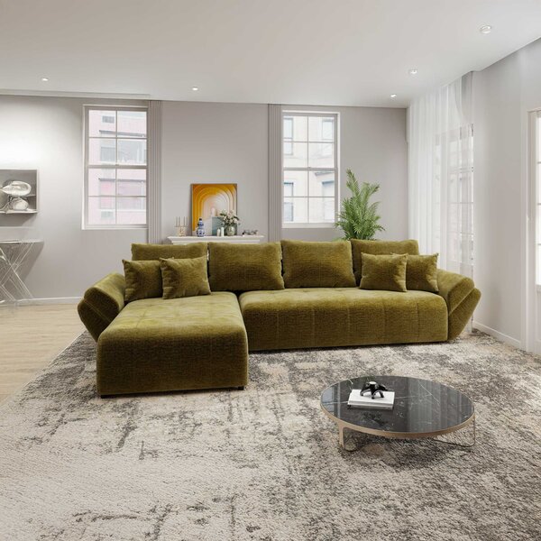 Colțar extensibil dumonde cu ladă de depozitare si sezut confortabil din spuma high-density, Berlin XL Monolith Verde Olive 350x185 cm