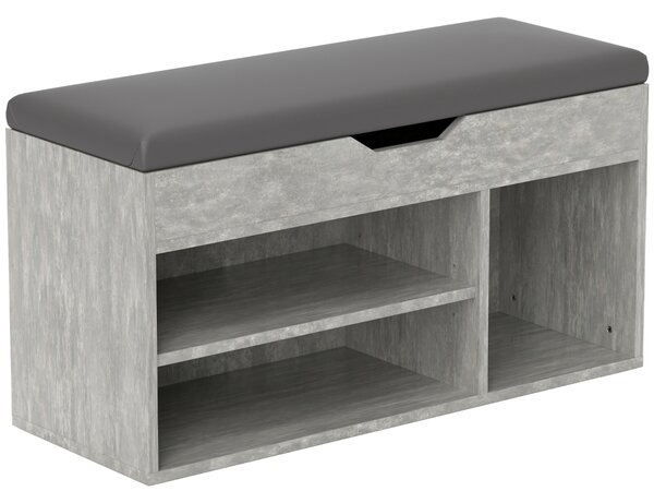 HOMCOM Bancă Hol cu 3 Rafturi Deschise, Spațiu Ascuns și Pernă Capitonată, Banca Pantofi, 80x30x45 cm, Gri | Aosom Romania