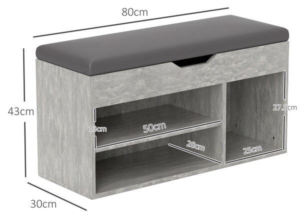 HOMCOM Bancă Hol cu 3 Rafturi Deschise, Spațiu Ascuns și Pernă Capitonată, Banca Pantofi, 80x30x45 cm, Gri | Aosom Romania