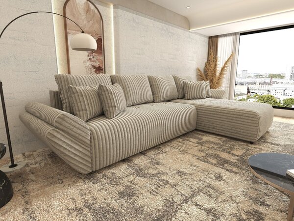 Colțar extensibil dumonde cu ladă de depozitare si sezut confortabil din spuma high-density, Berlin XL Tilia Gri- Bej 11 II 350x185 cm