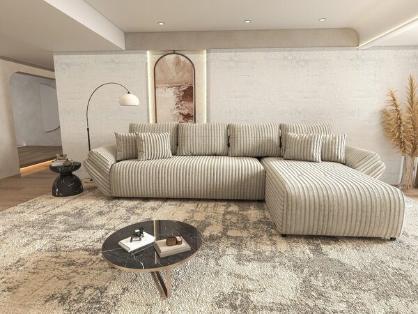 Colțar extensibil dumonde cu ladă de depozitare si sezut confortabil din spuma high-density, Berlin XL Tilia Gri- Bej 11 II 350x185 cm