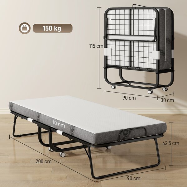 HOMCOM Pat Pliabil Single 90x200 cm cu Saltea de 10 cm Grosime, Cadru din Metal și Roți cu Frână, Negru | Aosom Romania