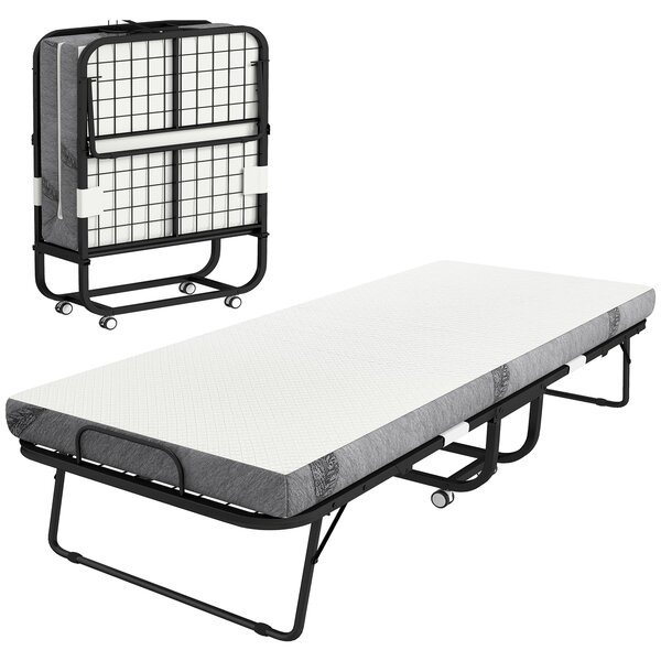 HOMCOM Pat Pliabil Single 90x200 cm cu Saltea de 10 cm Grosime, Cadru din Metal și Roți cu Frână, Negru | Aosom Romania