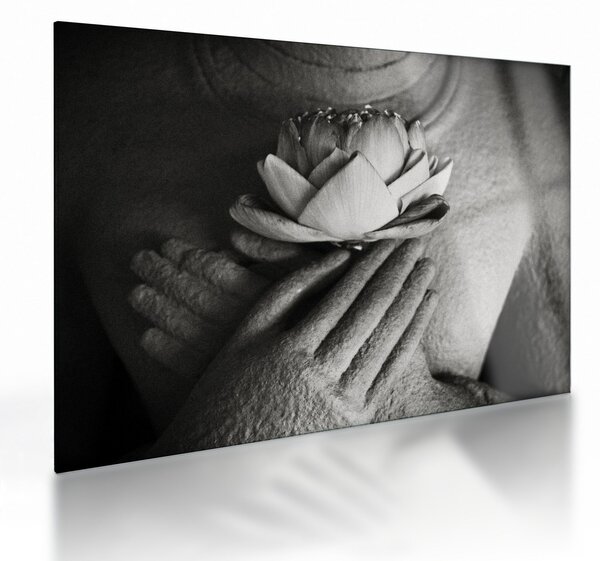 Tablou pe sticlă - Lotus în mâinile lui Buddha (70x50 cm)