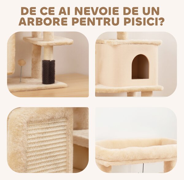 PawHut Arbore pentru Pisici Multilevel Înalt 132 cm cu Căsuță, Culcuș, Stâlpi Zgâriători, Perie și Biliță, Bej | Aosom Romania