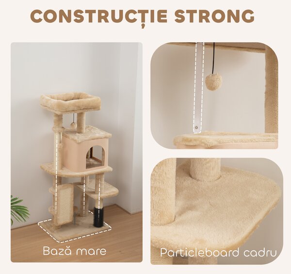 PawHut Arbore pentru Pisici Multilevel Înalt 132 cm cu Căsuță, Culcuș, Stâlpi Zgâriători, Perie și Biliță, Bej | Aosom Romania