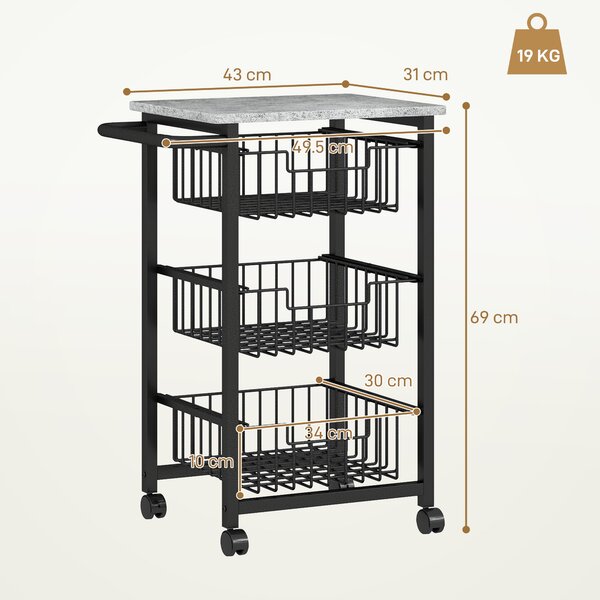 HOMCOM Cărucior de bucătărie cu 3 coșuri și mâner, din oțel și lemn, 49,5x31x69 cm, negru și gri deschis | Aosom Romania