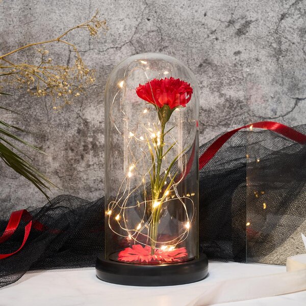 Garoafa artificiala, sub cupola de sticla, onuvio®, cu lumini led, si baza abs, realizat manual, 20cm x 9cm - rosu