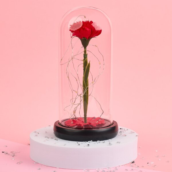 Garoafa artificiala, sub cupola de sticla, onuvio®, cu lumini led, si baza abs, realizat manual, 20cm x 9cm - rosu