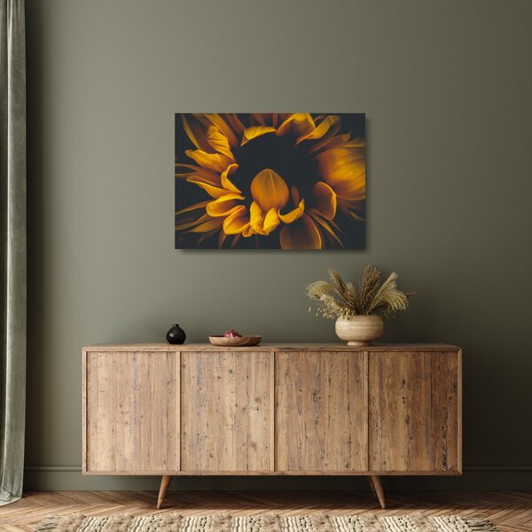 Tablou pe sticlă - Floarea-soarelui în fundal negru (70x50 cm)