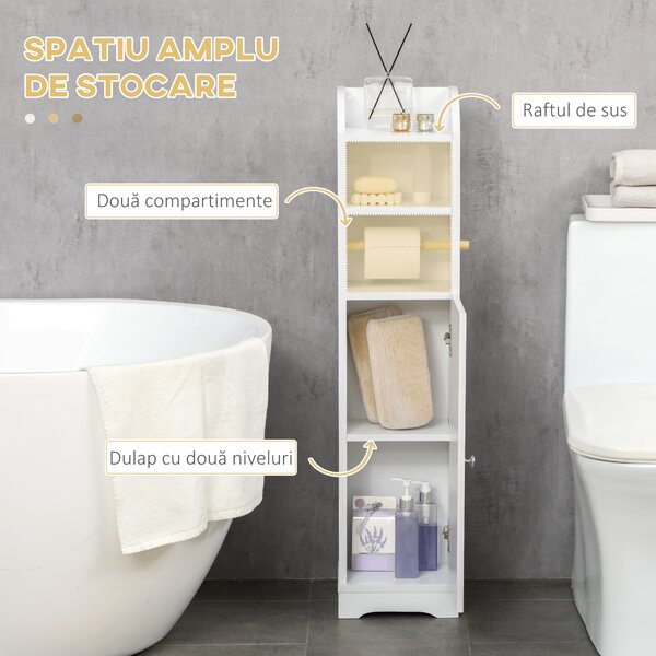 Kleankin Dulap de Baie Îngust cu 3 Rafturi Reglabile, Dulăpior pe 2 Niveluri și Suport pentru Hârtie, 23x18x100 cm, Gri | Aosom Romania