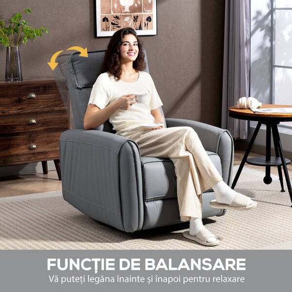 HOMCOM Fotoliu Reclinabil Manual cu Suport pentru Picioare din Material Textil Efect Piele și Bază Rotativă, Gri | Aosom Romania