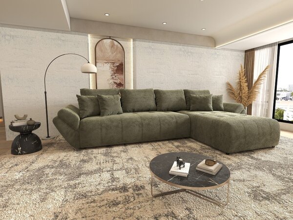 Colțar extensibil dumonde cu ladă de depozitare si sezut confortabil din spuma high-density, Berlin XL Vibe Olive 38 II 350x185 cm