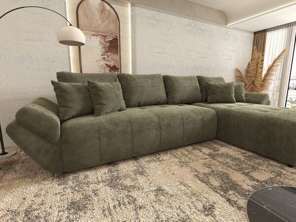Colțar extensibil dumonde cu ladă de depozitare si sezut confortabil din spuma high-density, Berlin XL Vibe Olive 38 II 350x185 cm