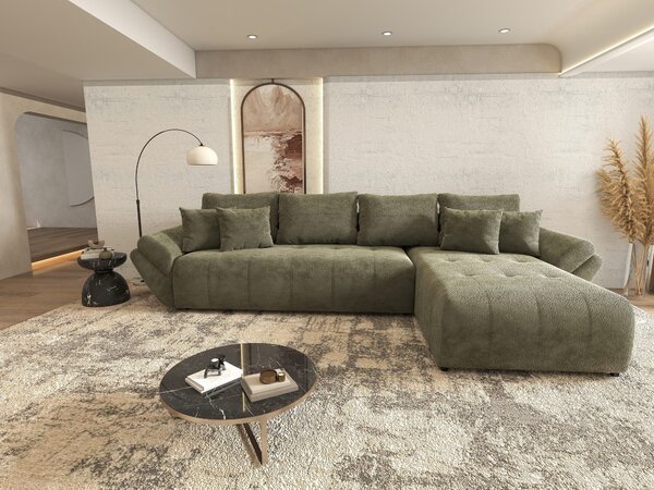 Colțar extensibil dumonde cu ladă de depozitare si sezut confortabil din spuma high-density, Berlin XL Vibe Olive 38 II 350x185 cm